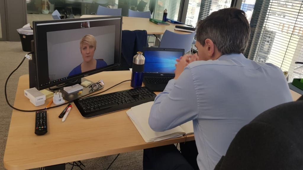 Averil Power and Simon Harris video conference