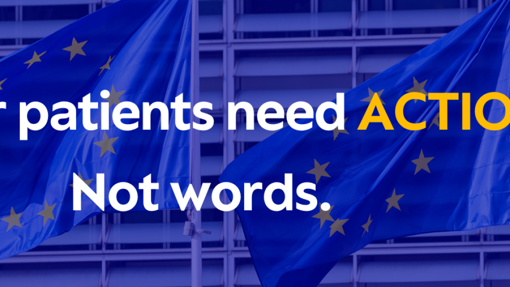 Eu flags with the text "Cancer patients need ACTION. Not words." overlaid